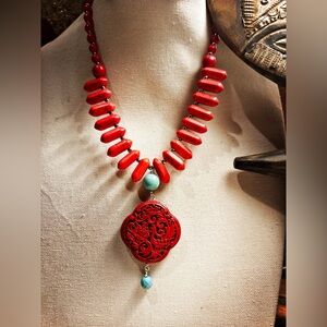 Cinnabar Botanical Red and Turquoise Necklace